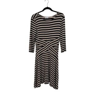 ECI New York Striped Fit and Flare Dress Black Tan 3/4 Sleeve Size Medium
